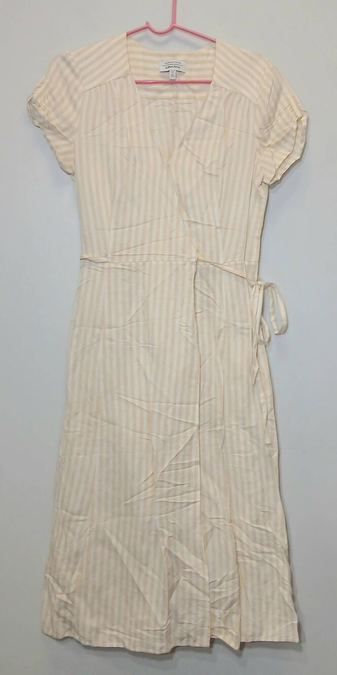 & other stories women Sz 6 linen wrap midi maxi long dress  candy stripe beige